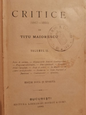 1892 Titu Maiorescu, Critice 1867-1892 Vol. II, Bucurest, Socecu&amp;amp;comp foto