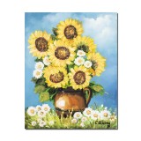 Tablou pictat manual living, dormitor, Carafa cu floarea soarelui si margarete, 50x40cm ulei pe panza, gata de expus pe perete