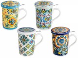 Cumpara ieftin Set 4 cani portelan cu infuzoare ceai in cutii cadou Majolica &Oslash; 8 x 10,5 H, 350 ml