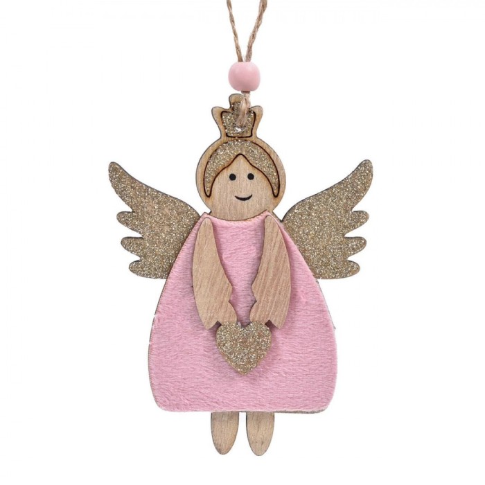 Ornament Brad Crăciun, Ingeraș Lemn, Culoare Roz și Bej șampanie, 11cm