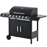 Gratar gradina, grill dreptunghiular, cu gaz, 6+1 arzatoare, cu roti, capac, raft, 135x50x100 cm, ART