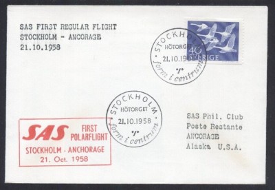 Sweden 1958 Aviation, Commemorative cover, SAS First Regular Flight K.349 foto