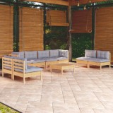 vidaXL Set mobilier grădină cu perne gri, 9 piese, lemn masiv pin