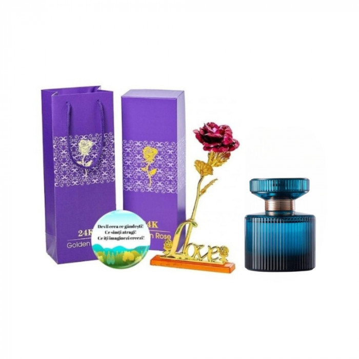 Set complet pentru Ea, Apa de parfum Amber Elixir Crystal, insotit de insigna Dactylion cu mesaj motivational, cadou un trandafir rosu suflat la baza