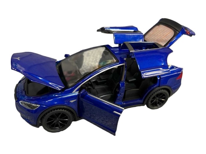 Macheta metal Tesla X albastra, sunet, lumini, deschide usile 1:28