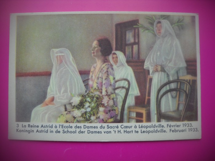 HOPCT 6379 LA SCOALA DE FEMEI SACRE COEUR LEOPOLDVILLE -1933-REGINA ASTRID-FAMILIA REGALA BELGIA-CROMO LITHO-CIOCOLATA COTE D&#039;OR