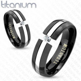 Bandă neagră din titan, suprafață rotunjită, f&acirc;șie argintie, zirconiu, 6 mm - Marime inel: 64