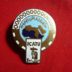 Insigna -Congres African Sindical ,ICATU, metal si email , h=3,5cm