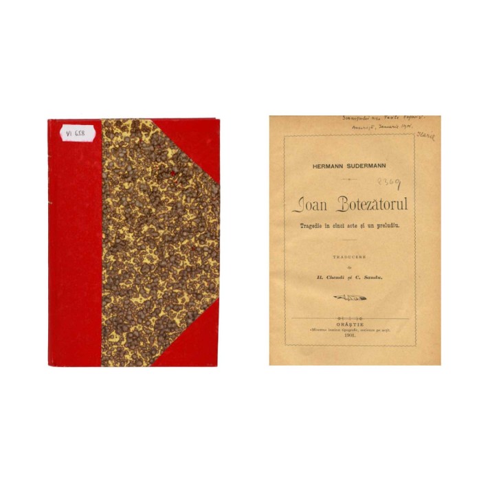 Hermann Sudermann, Ioan Botezătorul, 1901, cu dedicația lui I. Chendi