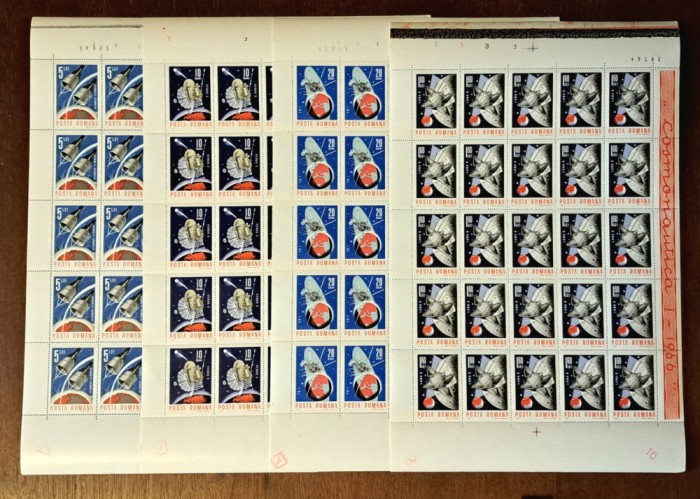 TIMBRE ROMANIA LP632/1966 COSMONAUTICA I -SET 4 COLI 25 TIMBRE -MNH