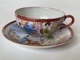 Farfurioara cu ceasca din portelan fin japonez, pictat manual, gheise cu motive florale (3), Decorative