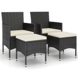 Set cu scaun de gradina si taburet, 4 piese, negru, poliratan