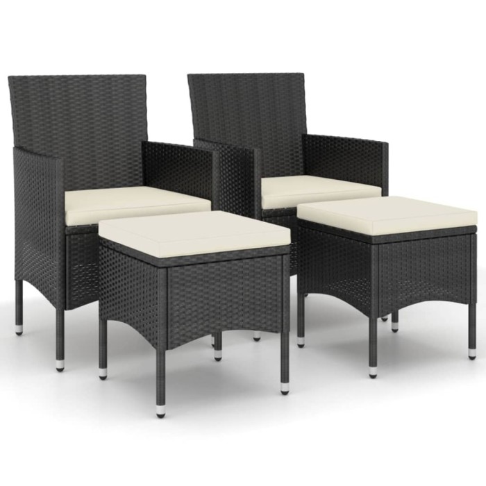 Set cu scaun de gradina si taburet, 4 piese, negru, poliratan