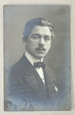PORTRETUL TANARULUI C.I. SANDULESCU SI O STROFA SEMNATA OLOGRAF , FOTOGRAFIE FORMAT CARTE POSTALA , 1912 foto