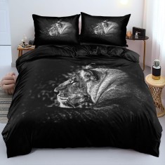 Lenjerie de Pat cu Impremiu cu Leu, 135x200 cm, 2 Huse de Perna 80x80 cm, Microfibra, Negru - CN