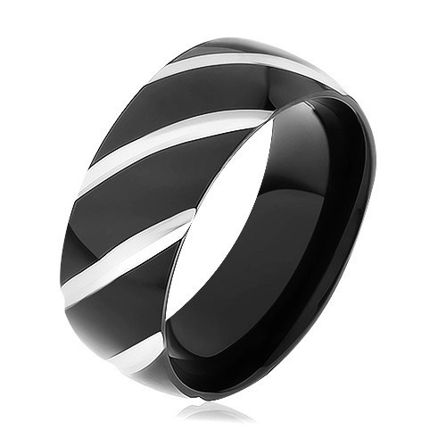 Bandă din oţel negru, suprafață lucioasă decorată cu caneluri oblice - Marime inel: 67