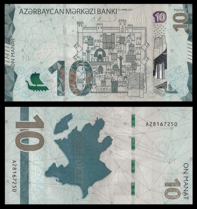 AZERBAIDJAN █ bancnota █ 10 Manat █ 2021 █ UNC █ necirculata