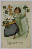 FETITA CU TRIFOI CU PATRU FOI , FELICITARE , CROMOLITOGRAFIE EMBOSATA , CARTE POSTALA , 1907
