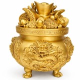 Vasul abundentei feng shui cu monede pepite, crapi si dragoni, auriu