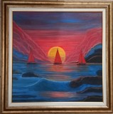 Peisaj marin pictat manual pe p&acirc;nză 50x50 cm