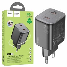 Incarcator Retea Fast Charge Hoco, 2 X USB-C, 45W, Negru, Compatibil cu Samsung, Iphone 15/16, Google Pixel,