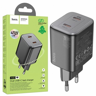 Incarcator Retea Fast Charge Hoco, 2 X USB-C, 45W, Negru, Compatibil cu Samsung, Iphone 15/16, Google Pixel, foto