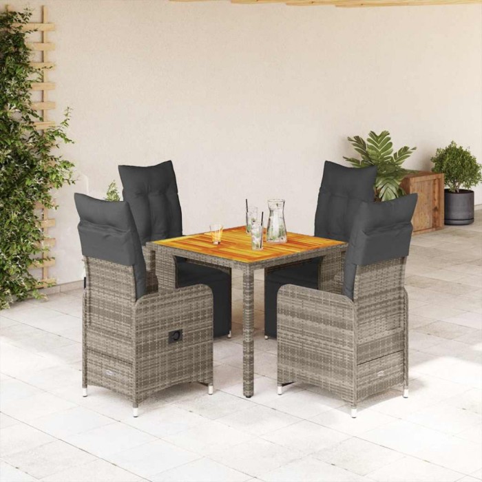 Set bistro de grădină cu perne, 5 piese, gri, poliratan