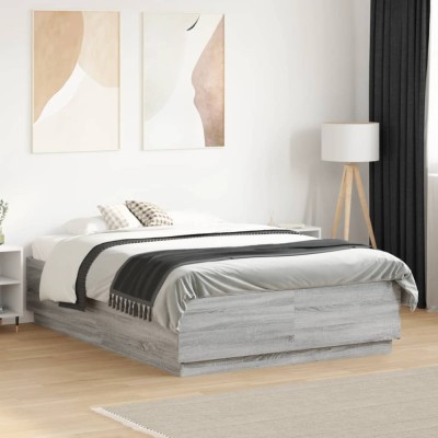 vidaXL Cadru de pat cu LED, gri sonoma, 135x190 cm, lemn prelucrat 3209651 foto