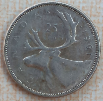 (A531) MONEDA DIN ARGINT CANADA - 25 CENTS 1961, REGINA ELISABETA II foto