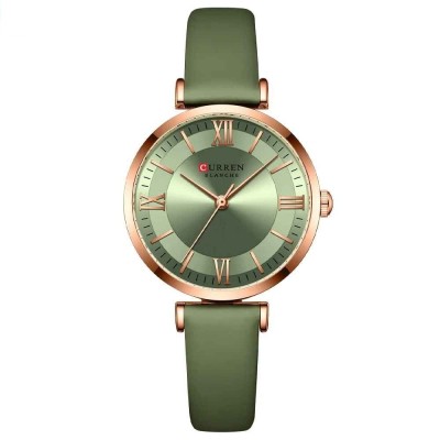 Ceas Dama CURREN 9079 Verde-Auriu , Ceas Elegant cu Cadran Verde, Curea din Piele si Carcasa Aurie foto