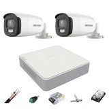 Sistem de supraveghere 2 camere ColorVU Hikvision 5MP, lumina alba 40m, 2.8mm, DVR 4 canale, Accesorii montaj, hard disk 1TB SafetyGuard Surveillance