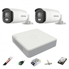 Sistem de supraveghere 2 camere ColorVU Hikvision 5MP, lumina alba 40m, 2.8mm, DVR 4 canale, Accesorii montaj, hard disk 1TB