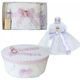 Set dantela trusou botez, cutie trusou si lumanare, Ingeras, decor Lila,