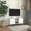 Comoda TV Gossi Alb Extralucios, 103.5x35x50 cm, Picioare Lemn Masiv, 2 Rafturi, 2 Compartimente, Stil Scandinav