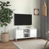 vidaXL Comodă TV &amp; picioare lemn masiv alb extralucios 103,5x35x50 cm
