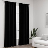 Perdele opace vidaXL, aspect p&acirc;nză, 140x245 cm, negru, 2 buc, c&acirc;rlige metalice incluse