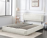 Cumpara ieftin Pat 180x200 cm, Lada Depozitare, Somiera Inclusa, Tapitat Catifea Crem, Pat Dormitor