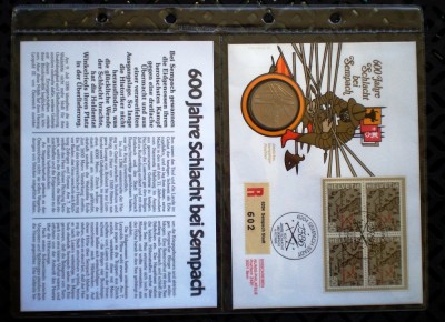 P.321 PLIC FILATELIC ELVETIA 600 JAHRE SEMPACH 5 FRANCS 1986 B foto