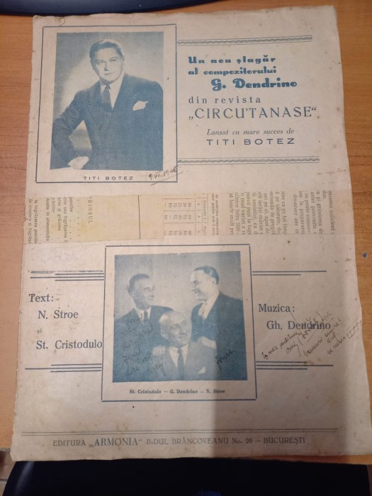 AS - PARTITURA N. STROE (TEXT), GH. DENDRINO (MUZICA) - DU-MĂ TRENULE LA CLUJ, PT VOCE SI PIAN