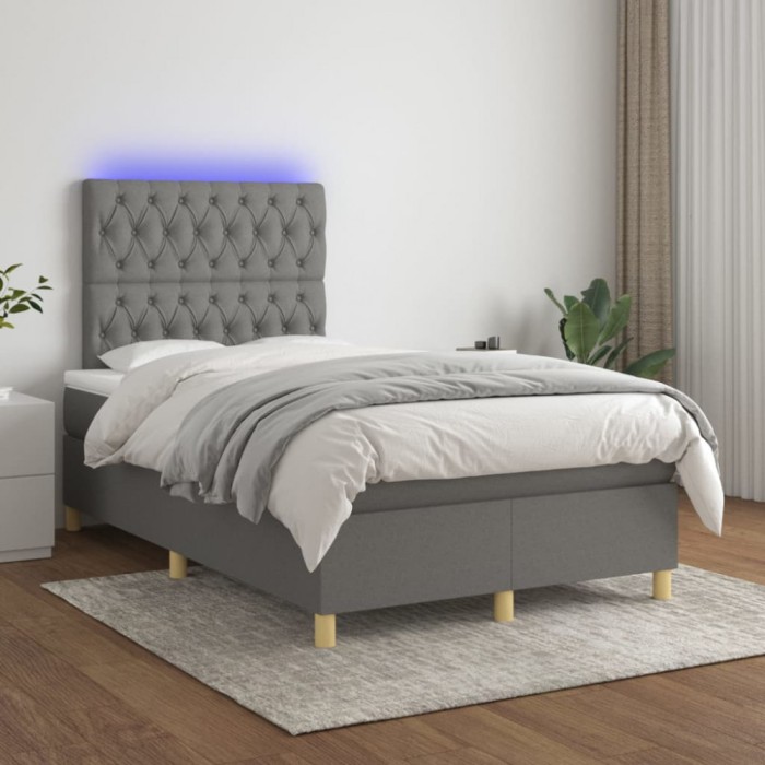 vidaXL Pat cu arcuri, saltea și LED, gri &icirc;nchis, 120x200 cm, textil 3135662