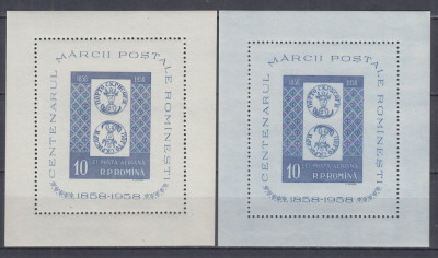 1958 LP 464 CENTENARUL MARCII POSTALE ROMANESTI HARTIE ALBA+ALBASTRUIE MNH foto