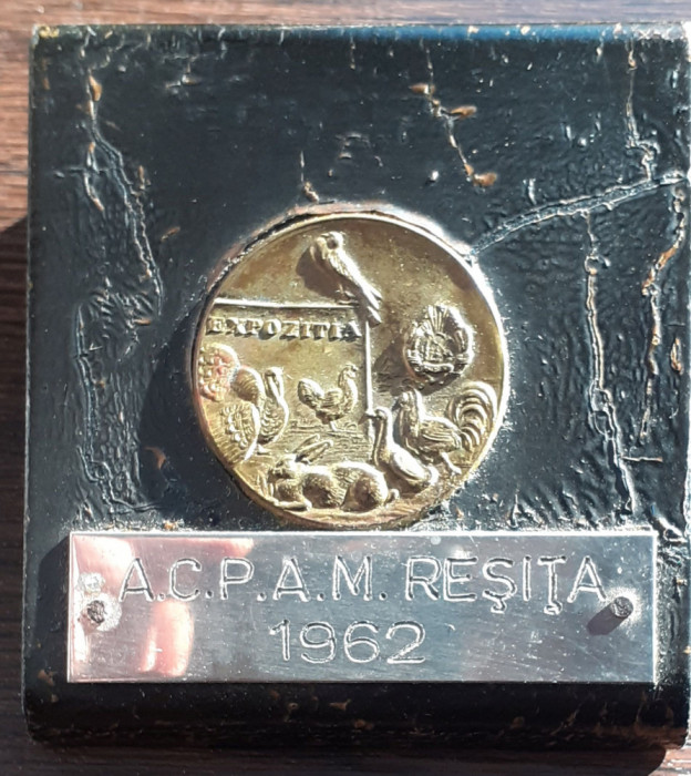 PLACHETA ROMANIA - A.C.P.A.M. - EXPOZITIE DE PASARI - RESITA 1962, SUPORT LEMN