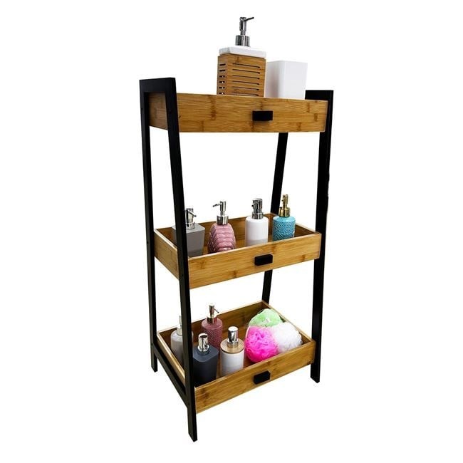 Etajera din Bambus cu 3 Rafturi &amp; Picioare din Lemn 45x35x90cm
