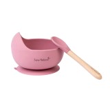 Bol anti-alunecare din silicon alimentar si lingurita, set de 2 piese pentru diversificare, Rose