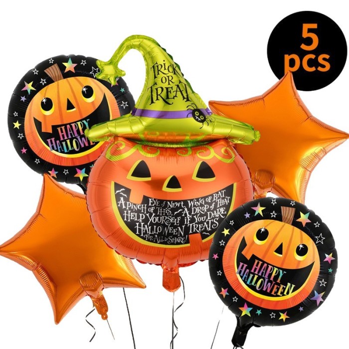 Set 5 baloane din folie metalizata, flippy, figurine, tema halloween, pai inclus, ambalaj individual, umflare cu aer sau heliu, figurina dovleac 54x87