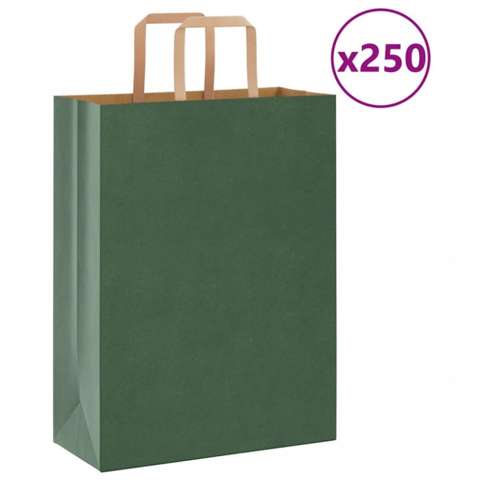vidaXL Saci de h&acirc;rtie 250 buc cu m&acirc;nere verde 26x12x35 cm