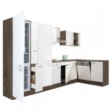 Mobilier de bucătărie de colț Yorki 370, cu corp din stejar Yorki, fațade albe cu finisaj satinat, cu dulap cu rafturi și frigider cu congelator &icirc;n pa