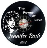 Ceas de perete decorativ realizat din disc de vinil, Model Jennifer Rush The Power of Love 1984 Pop Rock, Negru, 30 cm