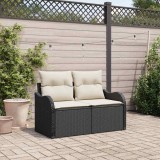 Canapea Gradina 2 Locuri vidaXL Ratan Negru, Perne Poliester, Exterior Balcon