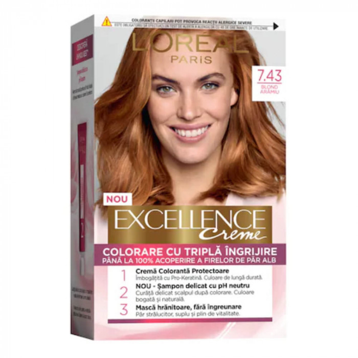 Vopsea de Par Permanenta L&#039;OREAL Paris Excellence Creme 7.43, Blond Aramiu, 192 ml, Cu Amoniac, Vopsea de Par, Vopsea de Par Permanenta, Vopsea de Par